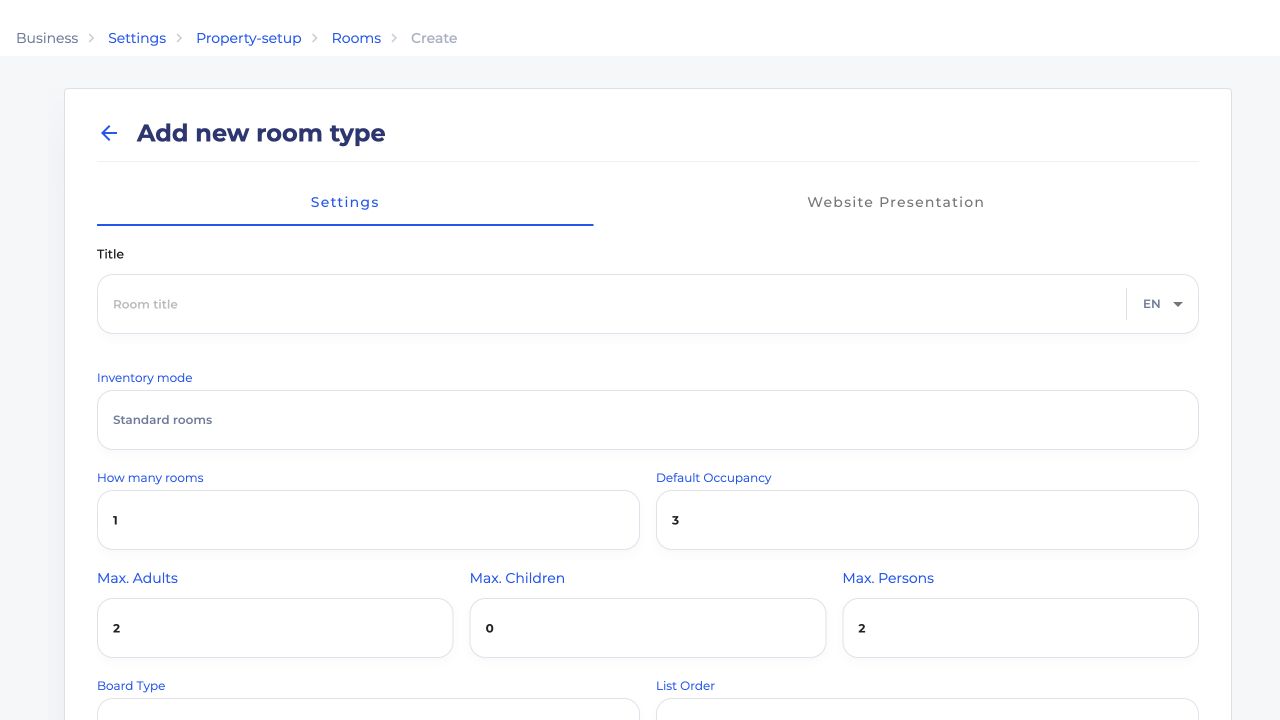 Add new room type form showing the Settings tab and room title field