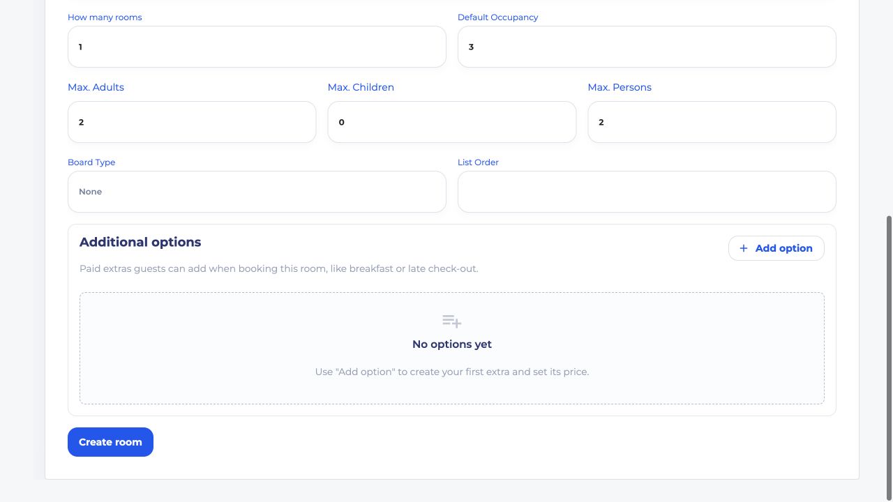 Lower Settings tab with Board Type, List Order, Additional options, and Create room button