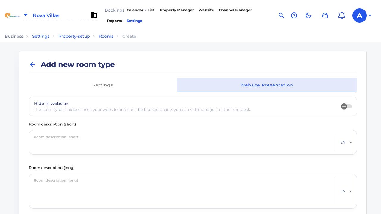 Website Presentation tab with hide in website toggle and description fields
