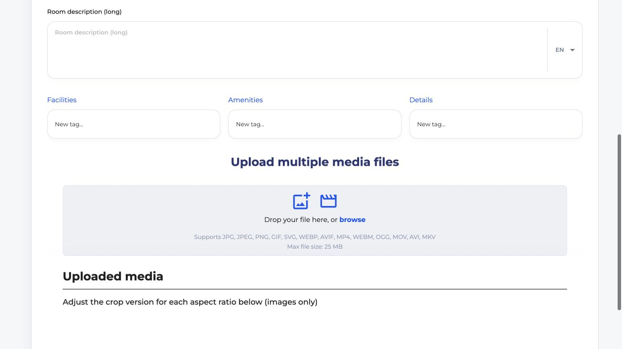Facilities, Amenities, Details, and media upload area