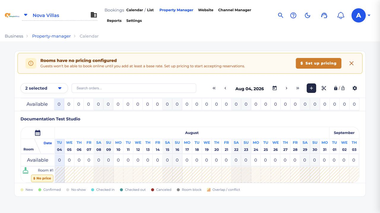 Property Manager calendar showing the new room type row and no price warning