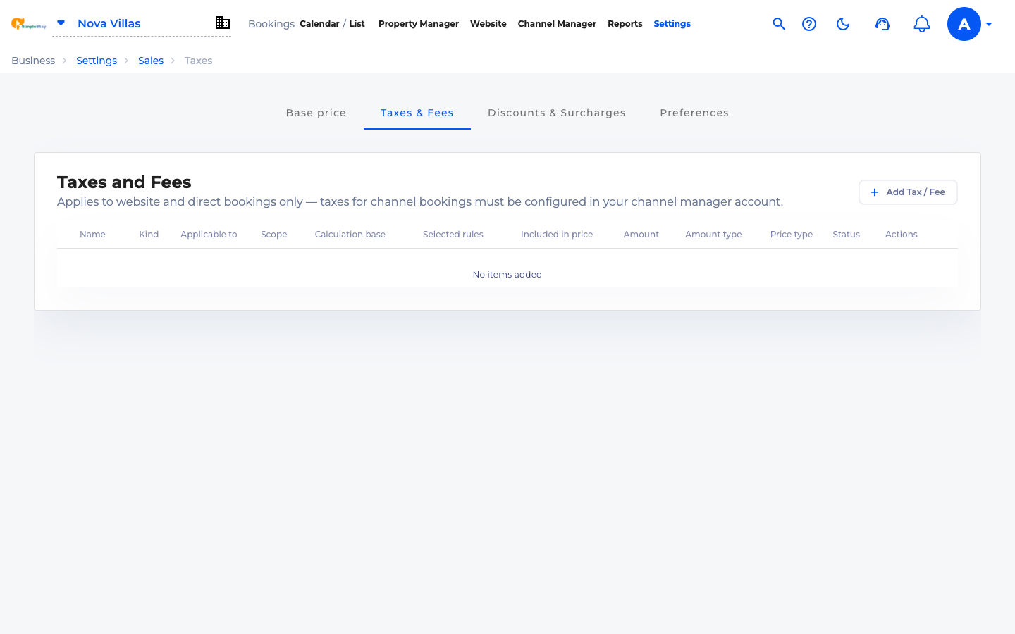 SimpleStay Taxes and Fees page with no items added