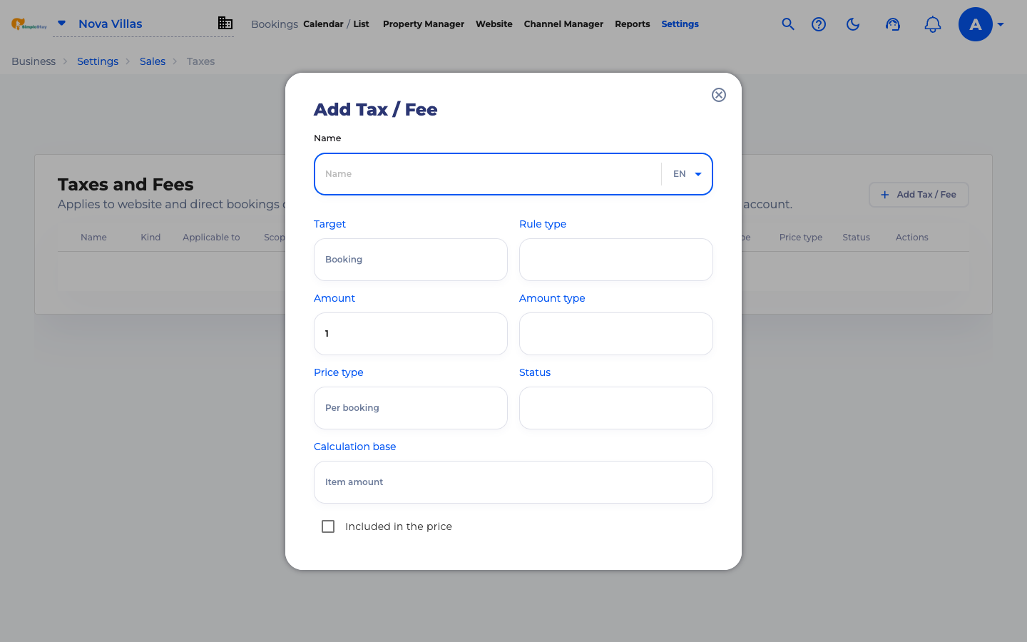 Add Tax Fee form with blank name and rule fields