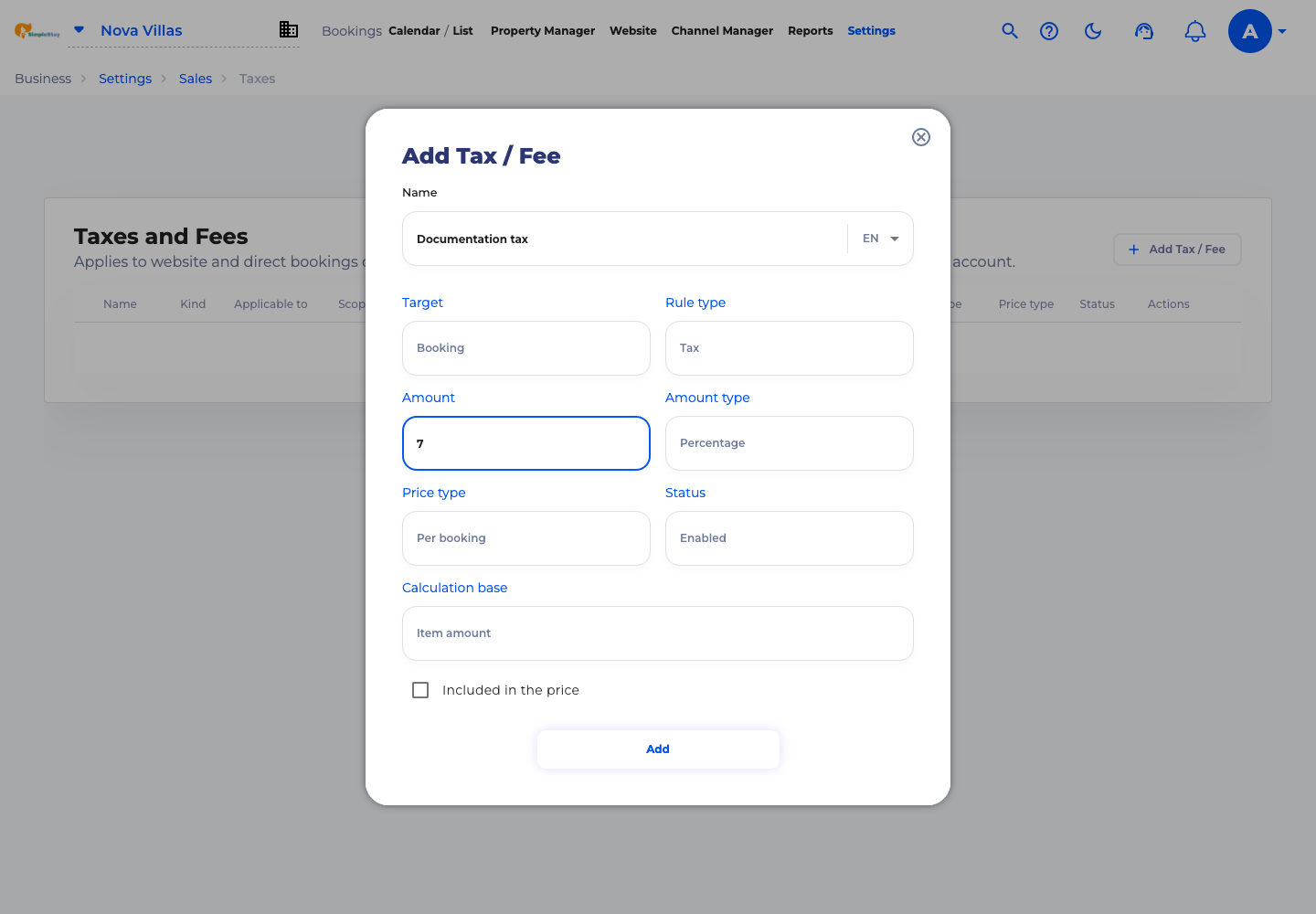 Add Tax Fee form filled with Documentation tax, Tax, Percentage, 7, and Enabled