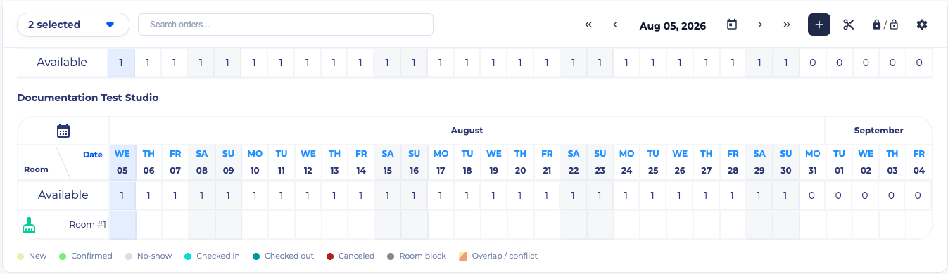 SimpleStay calendar toolbar with the plus button for creating a new order