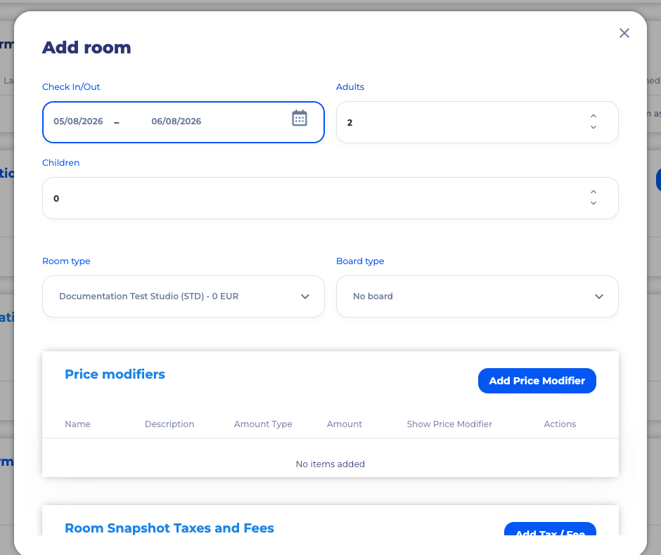 SimpleStay Add room form with check-in, check-out, adults, children, room type, board type, and price mode