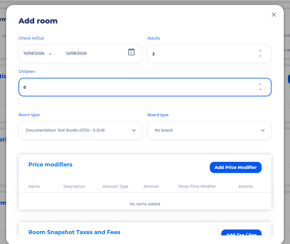 SimpleStay Add room form filled with a sample two-night stay and two adults