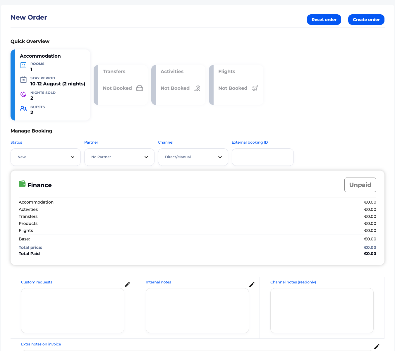 SimpleStay new order page with an accommodation room added to the booking draft