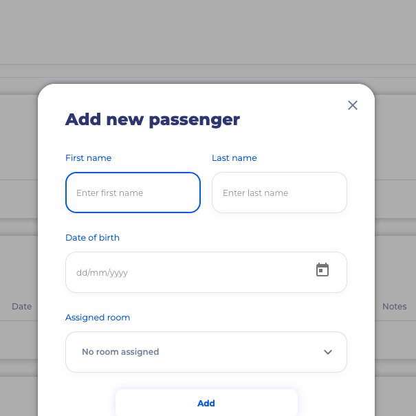 SimpleStay Add Passenger form with first name, last name, birth date, and assigned room