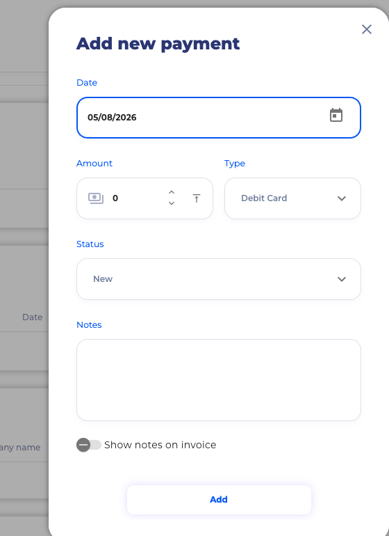 SimpleStay Add new payment form with date, amount, type, status, notes, and invoice note toggle