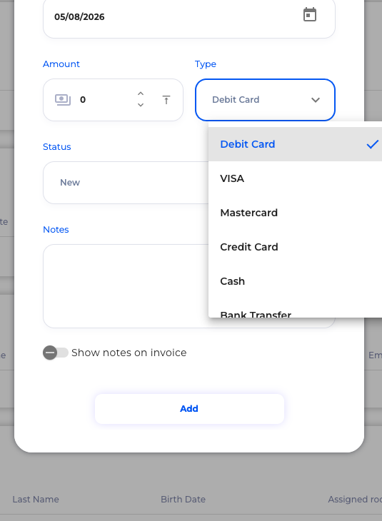 SimpleStay payment type dropdown with card, cash, bank transfer, payment link, PayPal, iDEAL, and other methods