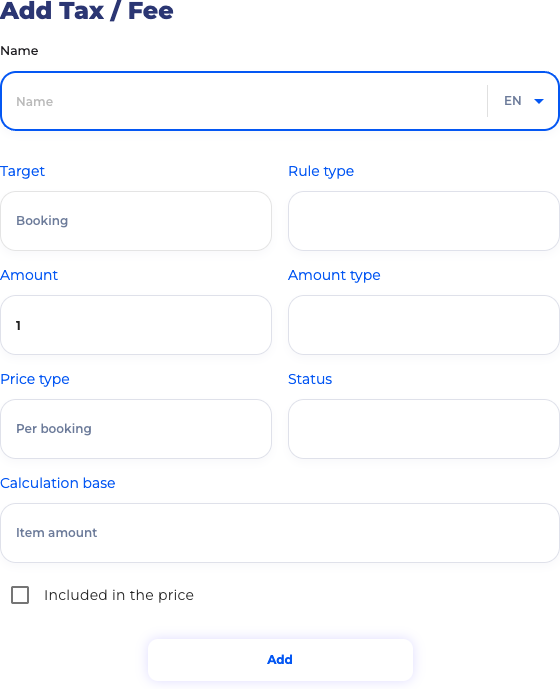 SimpleStay Add Tax Fee form inside the new order builder