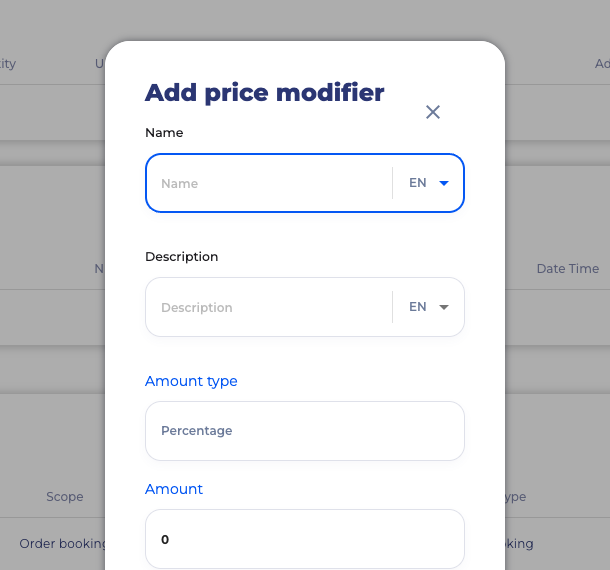 SimpleStay Add price modifier form with name, description, amount type, amount, and invoice visibility