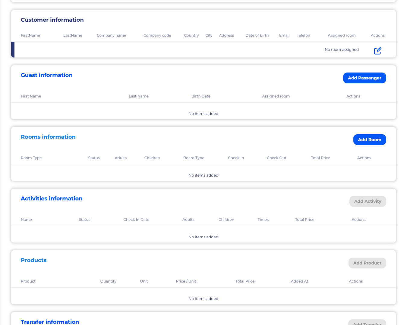 SimpleStay optional order sections for activities, products, transfers, taxes, fees, and price modifiers