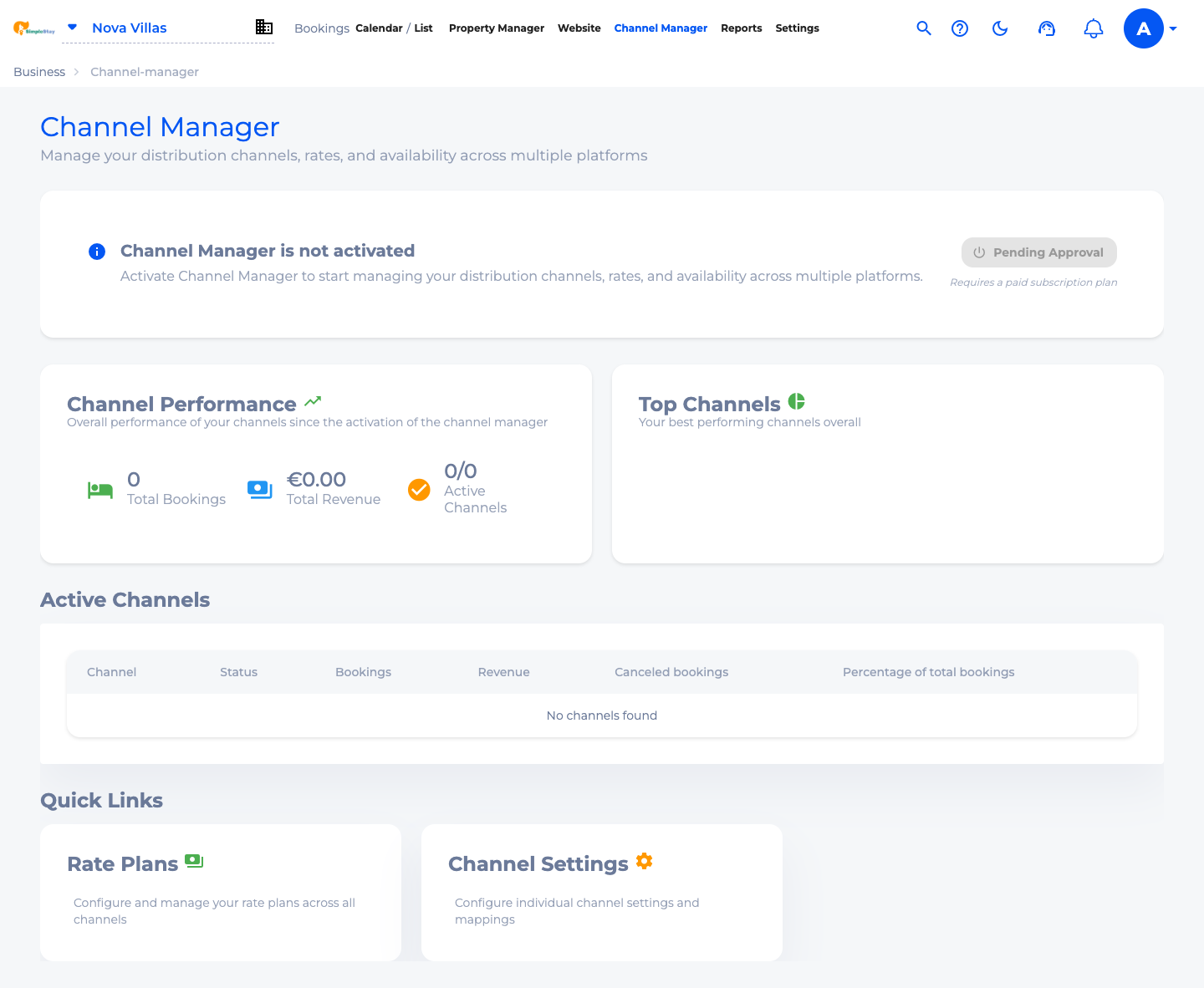 SimpleStay Channel Manager dashboard with pending approval and no active channels