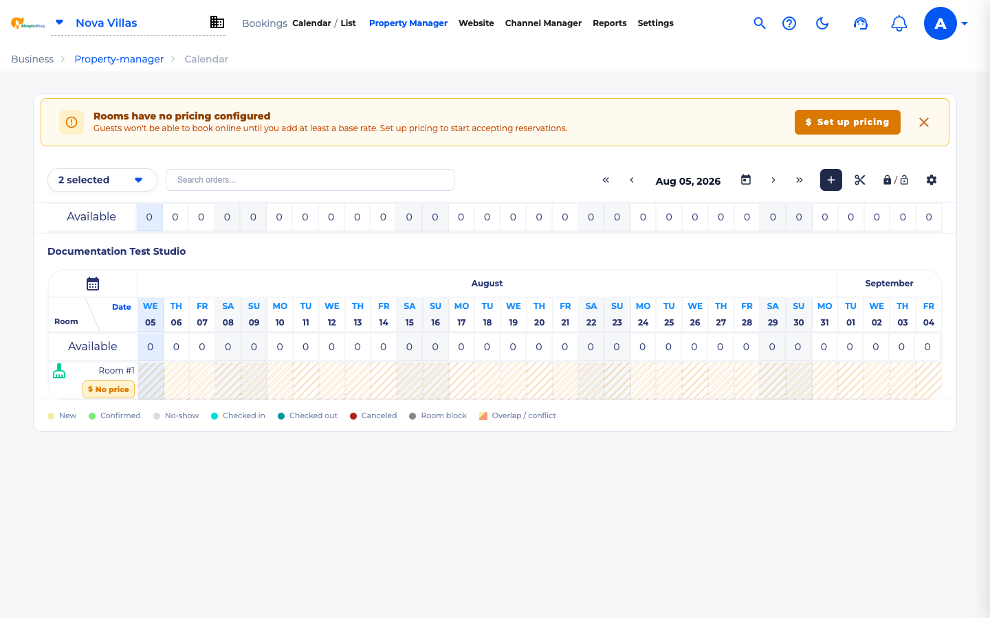 SimpleStay calendar showing rooms have no pricing configured warning