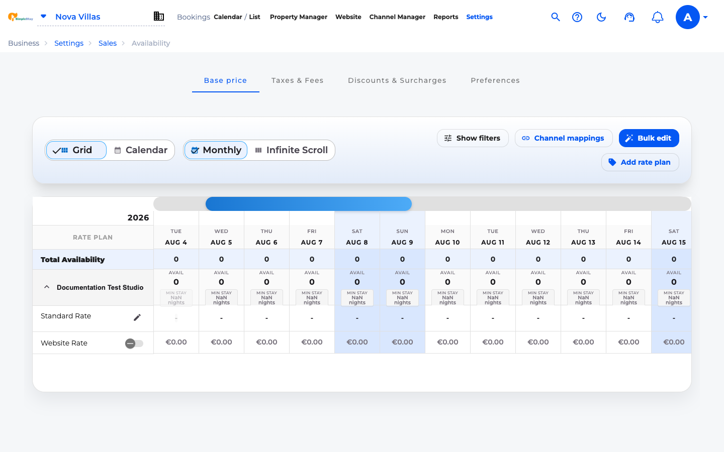 SimpleStay Base price grid with room type and Standard Rate row