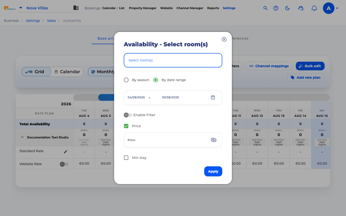 Bulk edit panel with room selector and date range fields