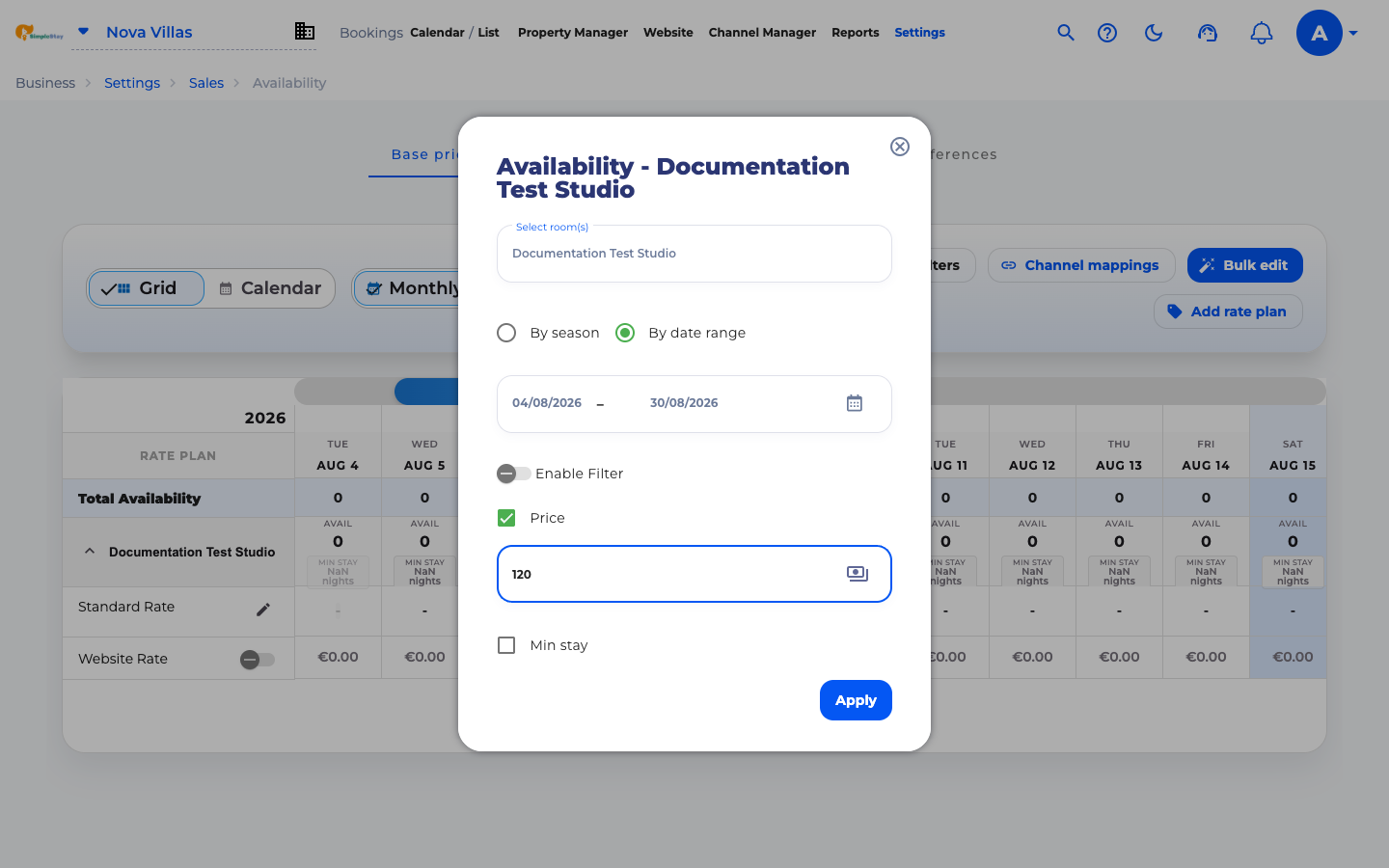 Bulk edit panel with Documentation Test Studio selected and price set to 120