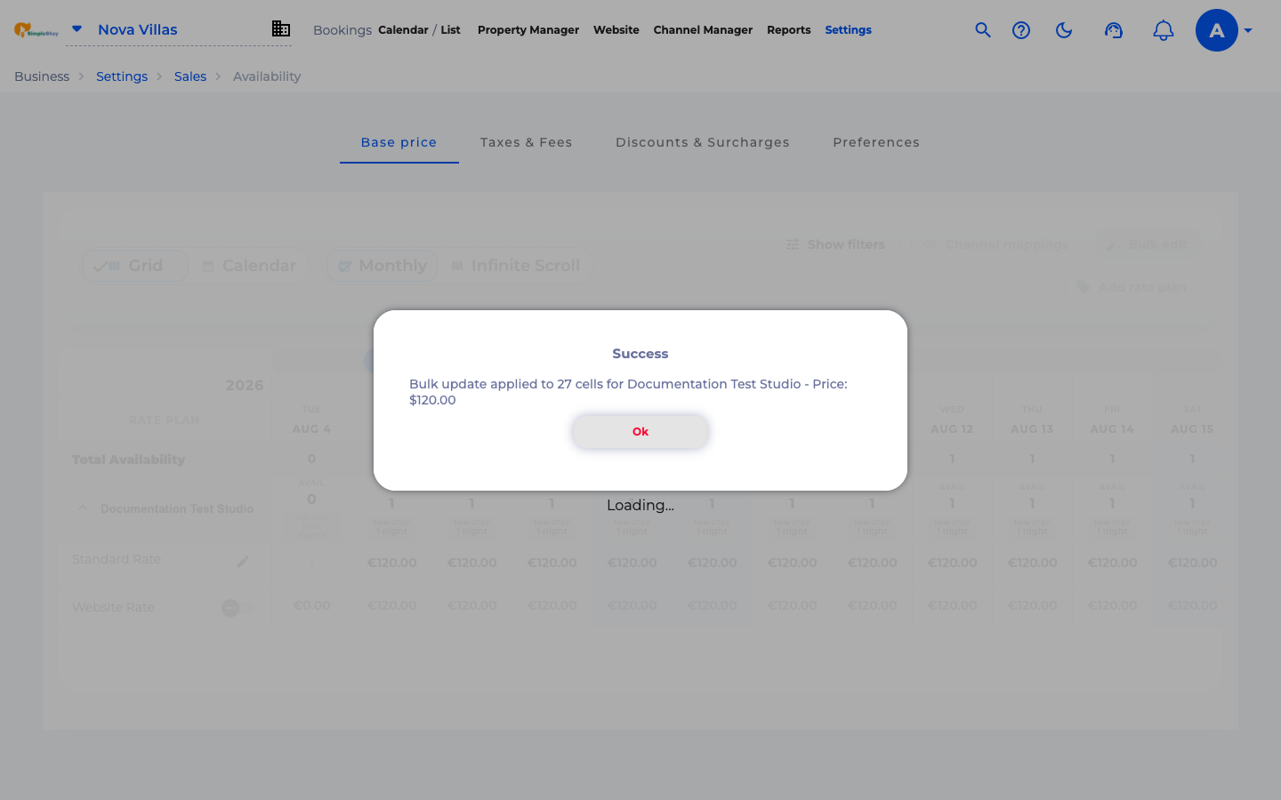 SimpleStay success confirmation after bulk price update